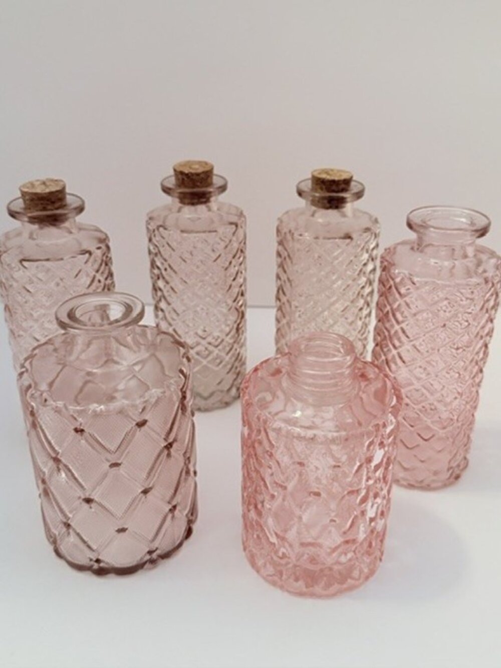 Vintage Pink Glass Bottle Set of 6 - Diamond Lattice Glass Bud Vases